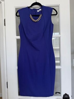 Calvin Klein Royal Blue Midi Sheath Dress with Gold Chain
